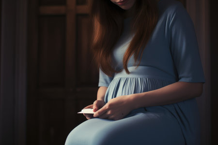 Pregnant woman holding a card in her hand, close up, Cropped image of a woman holding a pregnancy test on her knees, AI Generatedの素材