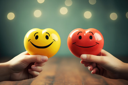 Closeup of couple holding red and yellow smiley faces on wooden table, Customer service evaluation and feedback concept, AI Generatedの素材