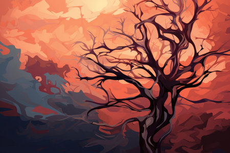 Illustration of a tree in the middle of the forest at sunset, Digital abstract illustration of a tree, AI Generatedの素材