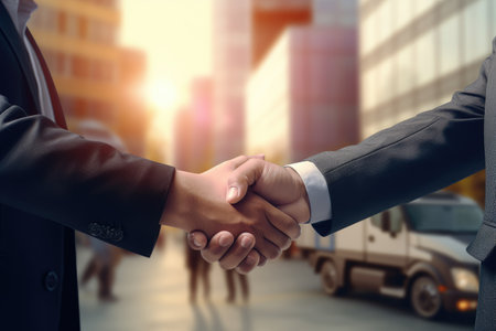 Businessman and businesswoman shaking hands on blurred background. Teamwork concept, Double exposure of a businessman's handshake with a cargo truck on the road and an import, AI Generatedの素材