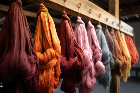 Colorful silk yarn hanging on the rack in a textile factory, Dyeing fabrics and yarn in a production farm, AI Generatedの素材