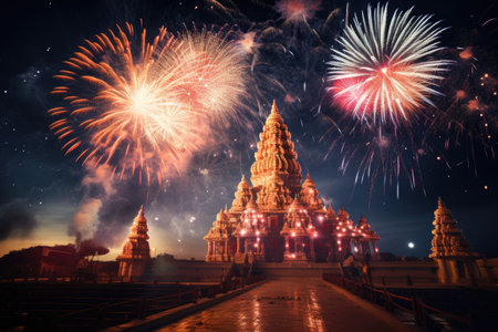 Fireworks in Wat Phra That Doi Suthep, Chiang Mai, Thailand, Fireworks above a Hindu temple during Diwali or Deepavali, AI Generatedの素材