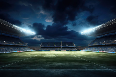 Night football stadium with lights and seats. 3d render illustration, Football field illuminated by stadium lights, AI Generatedの素材