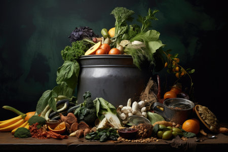 pot of casserole with seafood and vegetables on a dark background, Food going to waste, AI Generatedの素材