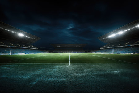 lights at night in a soccer stadium with green grass, 3d render, Football field illuminated by stadium lights, AI Generatedの素材