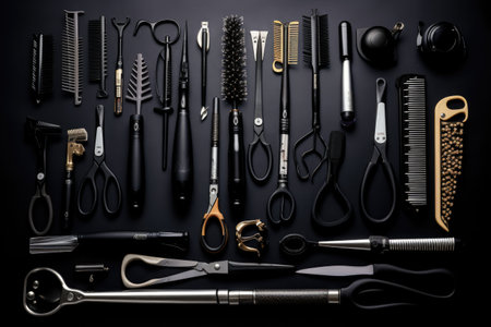 Set of hairdresser tools on black background. Top view, Full frame of professional hairdresser tools against a black background, AI Generatedの素材