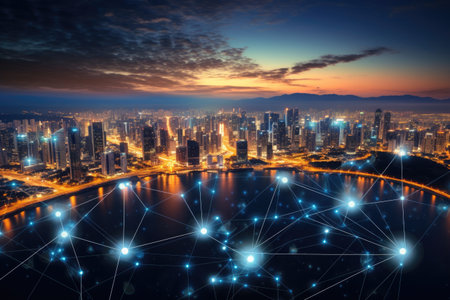 Smart city and wireless communication network over the city at night. Global network connection concept, Global network connection and the internet of things IoT concept, AI Generatedの素材