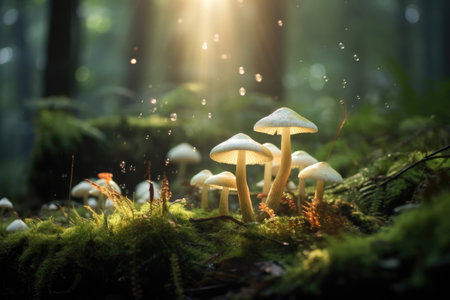 Mushroom in the forest. Beautiful nature scene with mushrooms, Glowing mushrooms in a dreamy forest, AI Generatedの素材