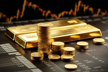 Gold bars and coins on the background of the stock exchange. Business concept, Gold bullion against stock market charts, AI Generatedの素材