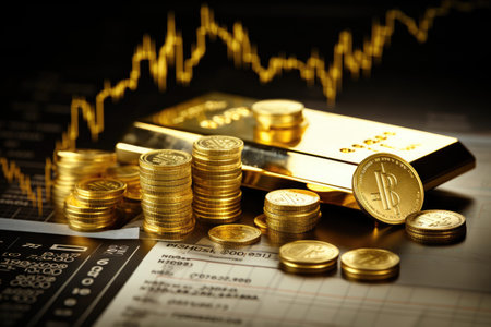 Gold bars and coins on the background of the stock exchange chart, Gold bullion against stock market charts, AI Generatedの素材