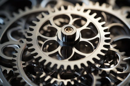 Close-up of gears and cogwheels. Conceptual image, 3D printing technology depicted as abstract rotating gears, AI Generatedの素材