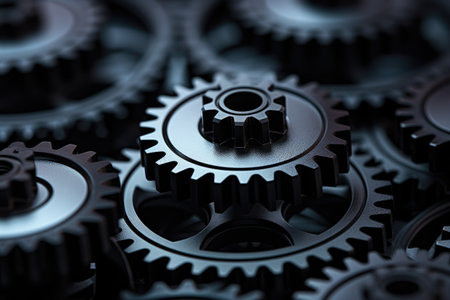 3d illustration of metal gears and cogs, closeup view, 3D printing technology depicted as abstract rotating gears, AI Generatedの素材