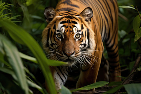 Sumatran Tiger in the jungle of Borneo, Malaysia, A Bengal tiger stealthily stalking its prey in the dense jungle, AI Generatedの素材