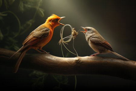 Two little birds are fighting on a tree branch in the dark, A bird passing a message to another through a worm, AI Generatedの素材