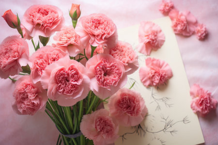 Bouquet of pink carnations on a light pink background, A bouquet of carnations with a 'Happy Mother's Day' card, AI Generatedの素材