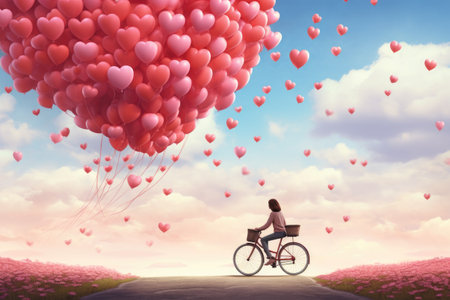 Young woman riding bicycle on road with heart shaped balloons. Valentine's day concept, A bike ride under a sky full of love heart balloons, AI Generatedの素材