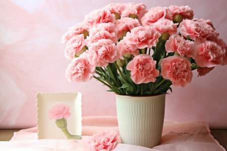 Bouquet of beautiful pink carnations in vase on table, A bouquet of carnations with a 'Happy Mother's Day' card, AI Generatedの素材