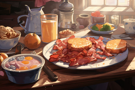 Breakfast with fried eggs, bacon and toast on a wooden table, A breakfast spread with eggs, bacon, toast, and freshly squeezed juice, AI Generatedの素材
