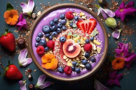 Healthy breakfast bowl with oatmeal, berries, nuts and flowers, A brightly coloured organic smoothie bowl with various toppings, AI Generatedの素材