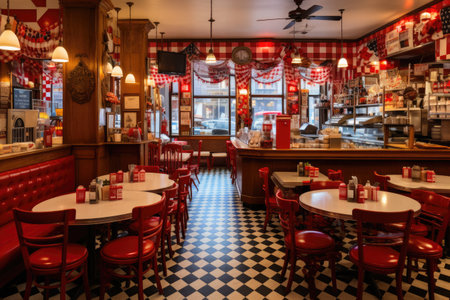 Cafe interior with red chairs and tables. Toned image, A bustling New York style pizzeria with red-white checkered tablecloth, AI Generatedの素材