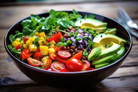 Healthy salad with avocado, tomatoes, corn, arugula and beans, A bowl of colorful salad loaded with a variety of veggies, AI Generatedの素材