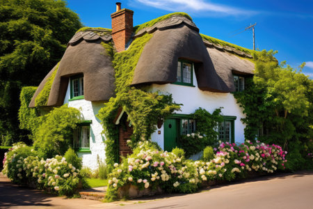 Beautiful old house with thatched roof and flowers on the street, A charming English cottage with ivy-covered walls and a thatched roof, AI Generatedの素材
