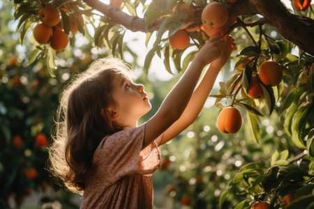 Little girl picking fresh tangerines in the orchard. Healthy nutrition and lifestyle concept, A child reaching for an organic peach on a tree, AI Generatedの素材