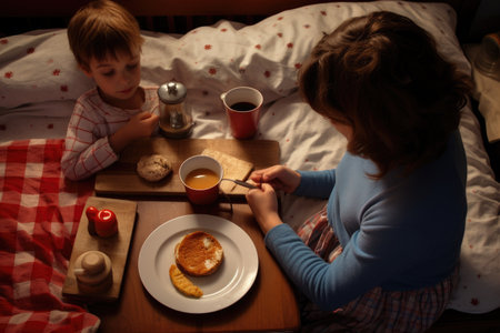 Mother and daughter having breakfast together in bed at home in the morning, A child giving mom breakfast in bed with homemade cards, AI Generatedの素材