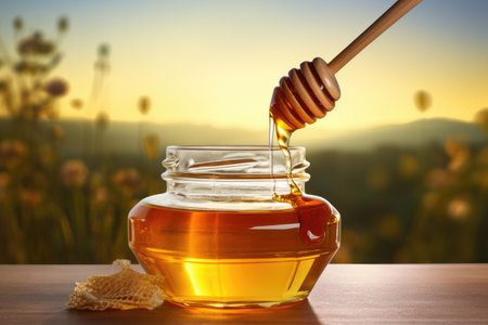 Honey dripping from a wooden honey dipper into a glass jar on a wooden table against the background of nature, A clear jar of honey with a dipper, against a sunny backdrop, AI Generatedの素材