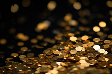 Golden coins on black background with bokeh effect, closeup, Golden confetti on a black background, featuring a shallow depth of field, AI Generatedの素材