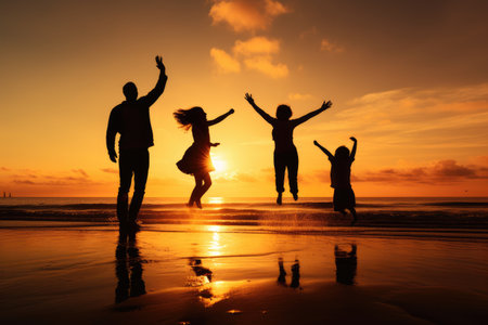 Silhouette of happy family jumping on the beach at beautiful sunset, Happy family jumping together on the beach silhouette, AI Generatedの素材