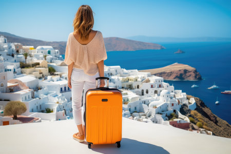 Young woman with orange suitcase traveling on Santorini island, Greece, Happy moment with a young woman rear view tourist with orange luggage in Santorini island, Greece, AI Generatedの素材