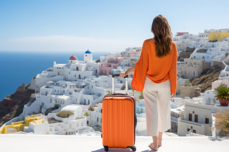 Young woman with suitcase in Santorini island, Greece. Travel and vacation concept, Happy moment with a young woman rear view tourist with orange luggage in Santorini island, Greece, AI Generatedの素材