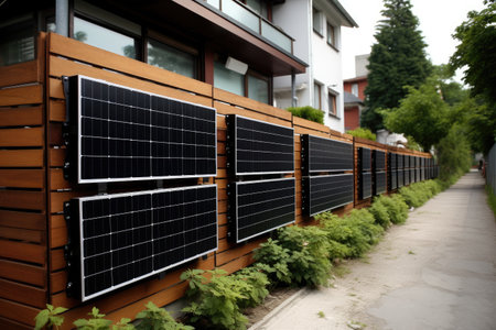 Solar panels installed on the wall of a private house. Alternative energy source, House fence made of solar panels, AI Generatedの素材