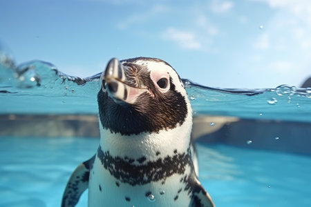 African penguin swims in the water and looks at the camera, Humboldt penguin is swimming in the pool, AI Generatedの素材