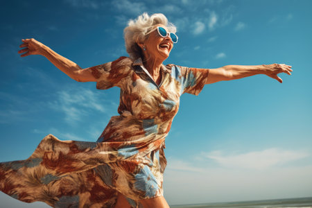 Happy senior woman having fun on the beach at the day time. Concept of active lifestyle, image of happy dancing mature woman at the beach, AI Generatedの素材