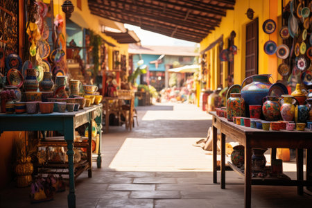 Colorful souvenir shop on the street in the old town, A colorful artisan marketplace in a South American town, AI Generatedの素材