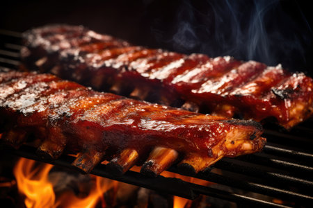 Grilled pork ribs on barbecue grill. Barbeque with flames, A close-up of sizzling barbecue ribs on a grill, AI Generatedの素材