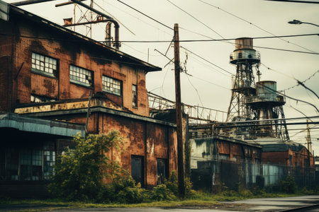 Abandoned industrial area with old factory building, filtered image, A contrast of industrial and vintage architecture, AI Generatedの素材