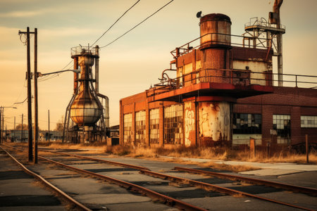 Industrial landscape with old abandoned factory in the evening. Toned, A contrast of industrial and vintage architecture, AI Generatedの素材
