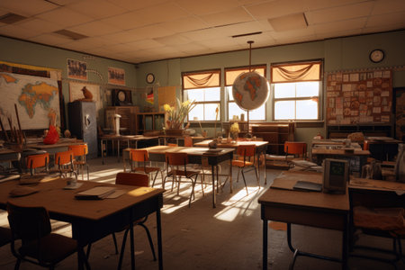 Old school classroom with tables, chairs and other objects in it, A comparison of past and present classroom environments, AI Generatedの素材