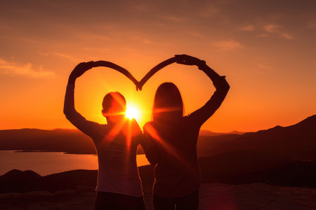 Foto de Silhouette of young couple making heart shape with hands at sunset, A couple forming a heart shape with their hands at sunset, AI Generated - Imagen libre de derechos