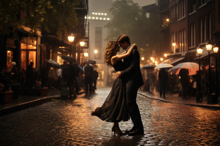 Young couple in love walking on the street at night in the rain, A couple dancing in the rain in a cobblestone plaza, AI Generatedの素材