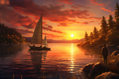 Sailing boat on the lake at sunset. 3d render, A couple sailing on a peaceful lake as the sun sets, AI Generatedの素材