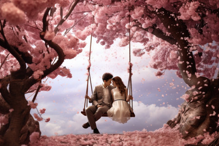 Young couple in love on a swing in a cherry blossom forest, A couple sitting on a swing under a cherry blossom tree during full bloom, AI Generatedの素材