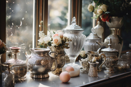 Vintage silver teapot and cups on the windowsill, A couple's silver wedding anniversary with vintage-themed decorations, AI Generatedの素材