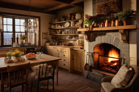 Interior of a rustic country house with fireplace and dining table, A cozy country kitchen with a warm, inviting fireplace, AI Generatedの素材