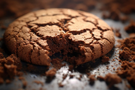 Chocolate chip cookies with cocoa powder on a baking tray. Shallow dof, A crumbly and dry texture of a cookie, AI Generatedの素材