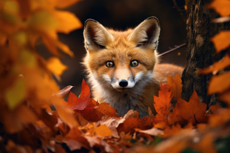 red fox in autumn leaves, close-up portrait, shallow depth of field, A curious fox peeking out of an autumn forest, AI Generatedの素材