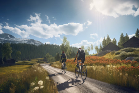 Cyclists on the road in the high alpine meadow, A cyclist pedaling uphill in the countryside, AI Generatedの素材